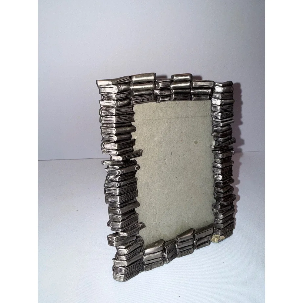 Vintage Stacked Books Picture Frame Pewter Tone Metal Academic Library Decor 3x4